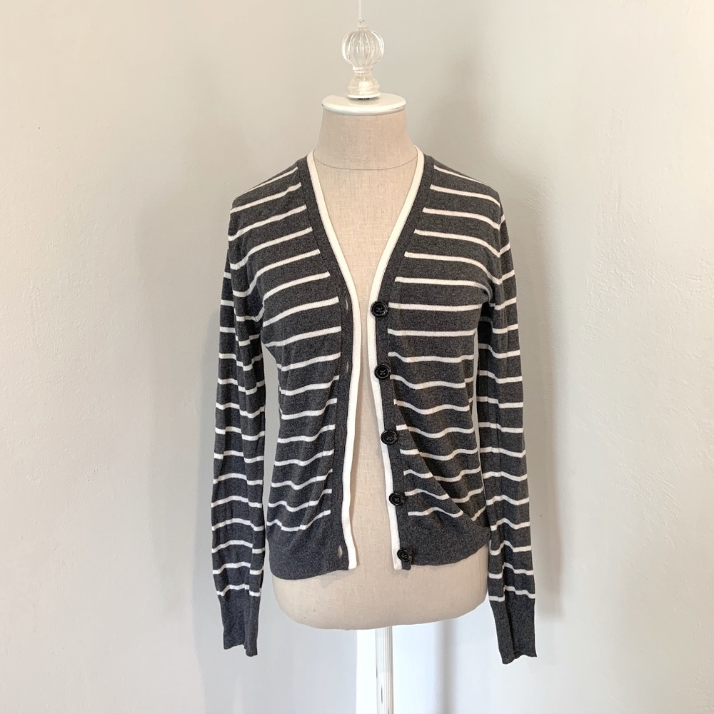 Cream and Gray GAP Button-Front Striped Cardigan